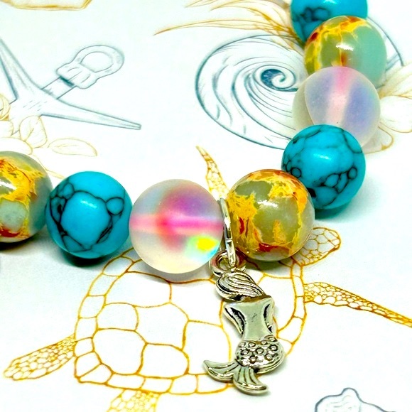 Handmade Mermaid Charm Bracelet with Aurora Crystals & Sea Sediment Stones! - Picture 6 of 7